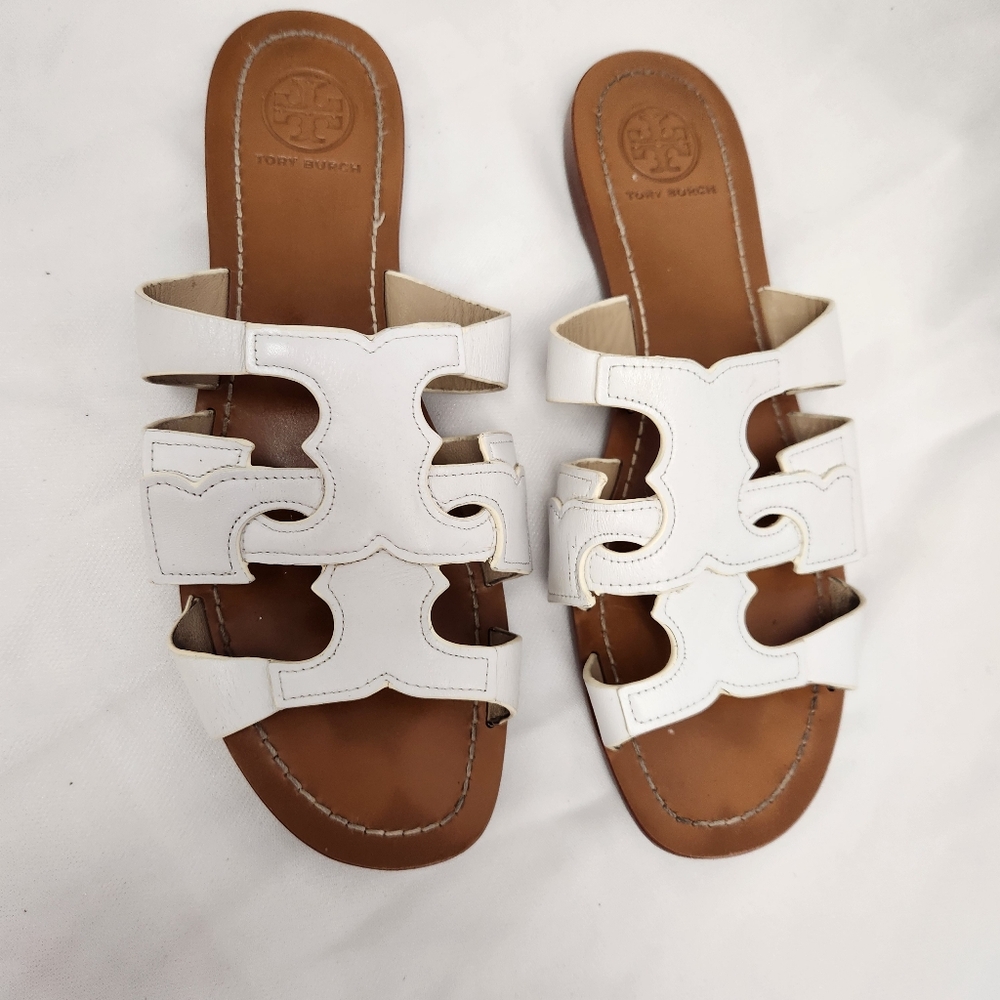 Tory Burch White Leather Anchor Flat Slides Size 6.5 - Picture 3 of 8